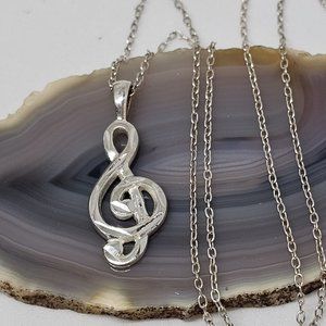 925 Sterling Silver - Tremble Clef Music Key Pendant Chain Necklace